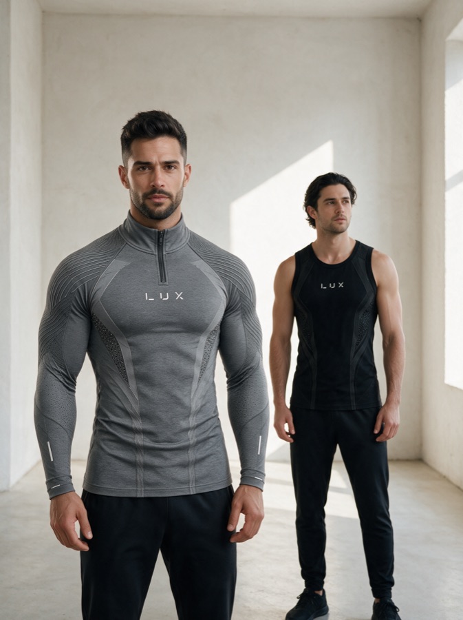 Design visualisation (AI-rendered) of two men, one in a grey Quarter-Zip, one in a black Tank