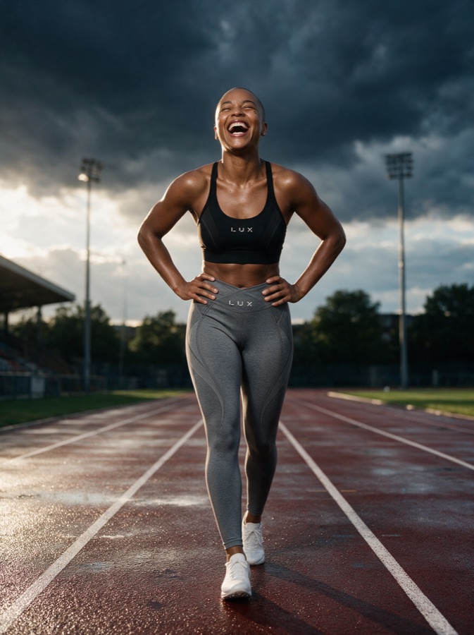 Design visualisation (AI-rendered) of a woman laughing on a running track in grey Sculpt Leggings