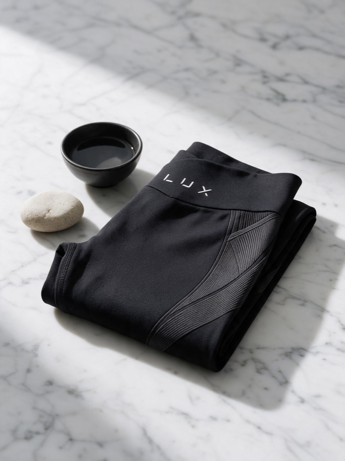 Design visualisation (AI-rendered) of black Sculpt Leggings folded on marble