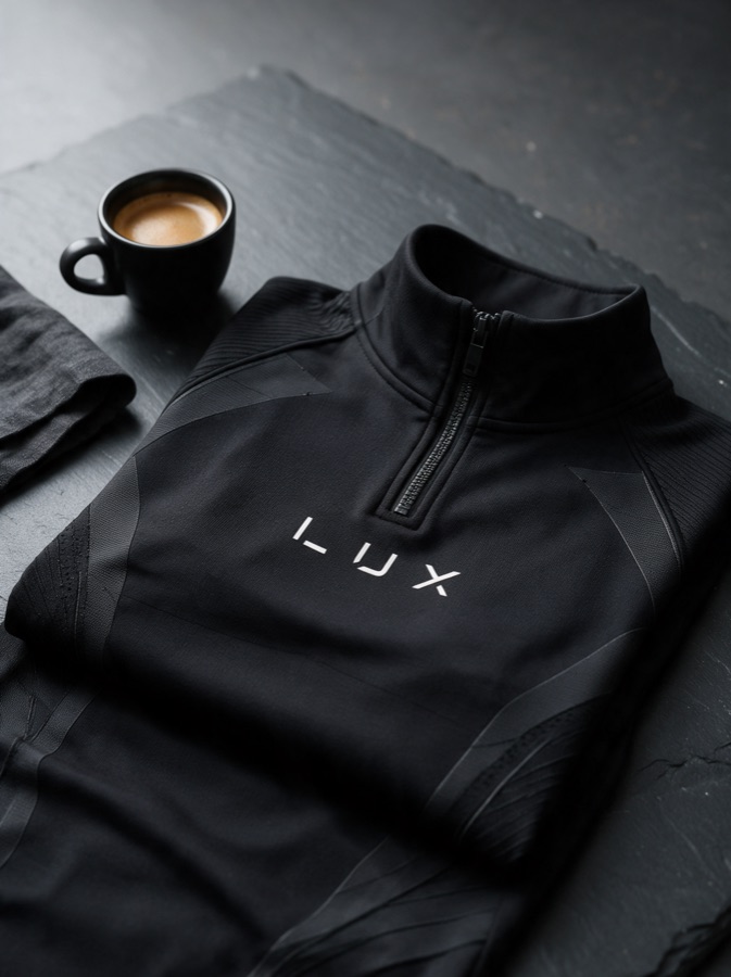 Design visualisation (AI-rendered) of a folded black Quarter-Zip on slate beside a coffee