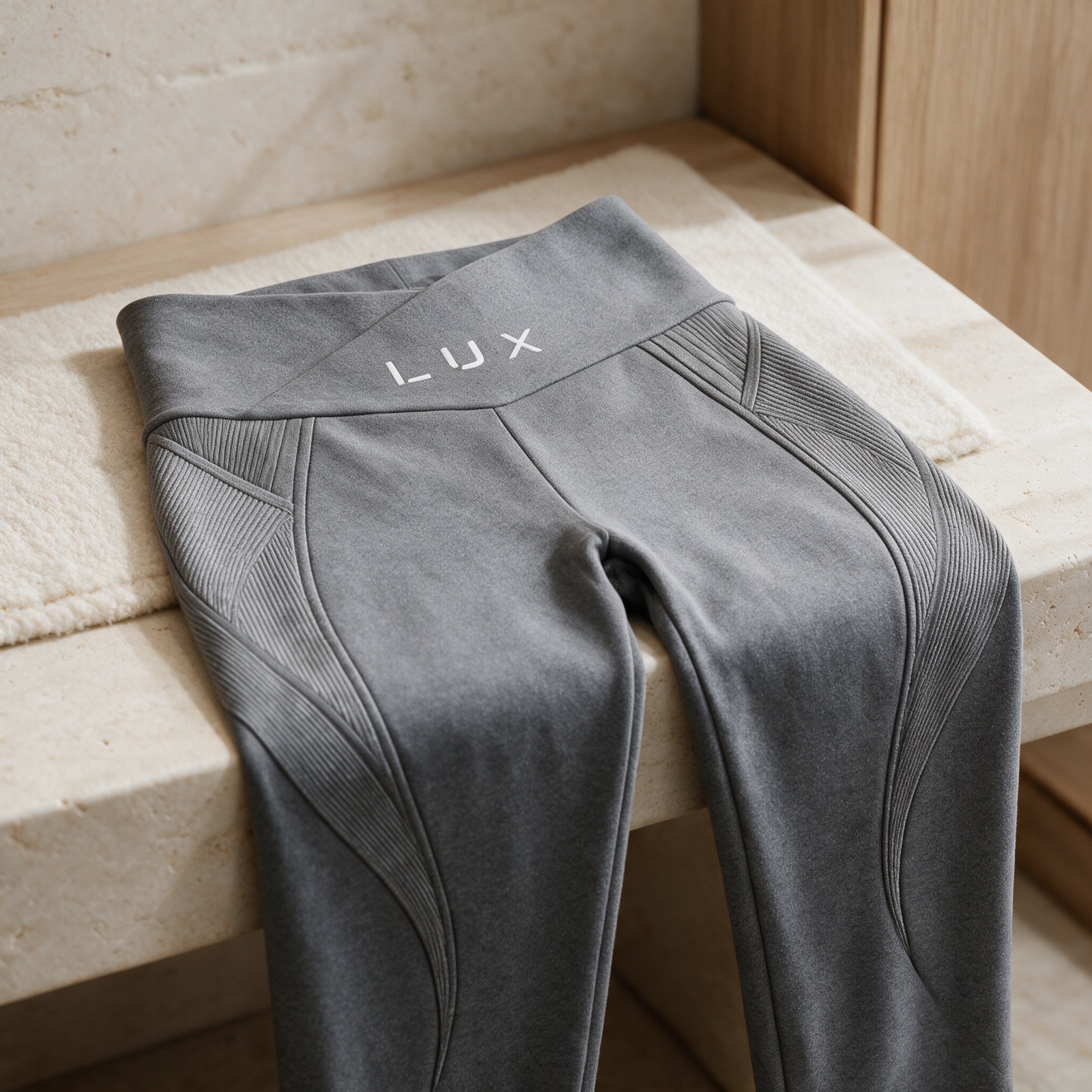 Design visualisation (AI-rendered) close-up of the grey Sculpt Leggings waistband with the LUX mark centred