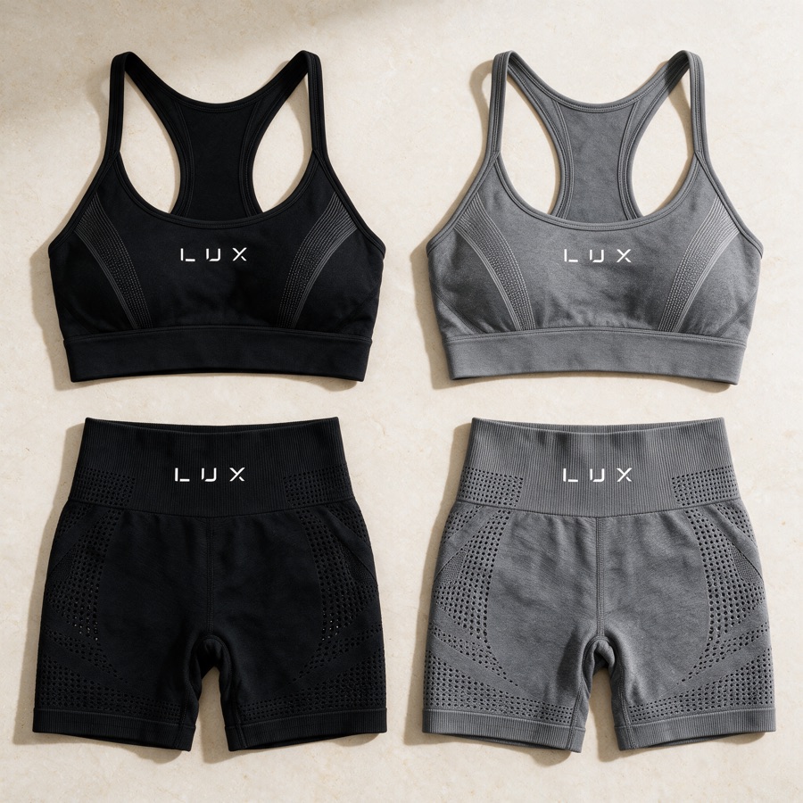 Design visualisation (AI-rendered) flat lay of Sports Bra and Shorts in black and grey