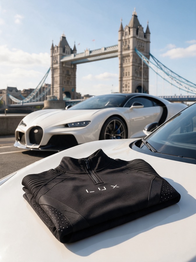 Design visualisation (AI-rendered) of a folded black Quarter-Zip on a car bonnet at Tower Bridge at dawn