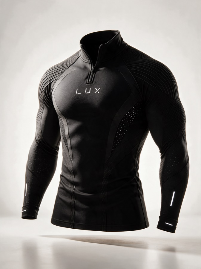 Design visualisation (AI-rendered) of a black seamless Quarter-Zip with a stand collar