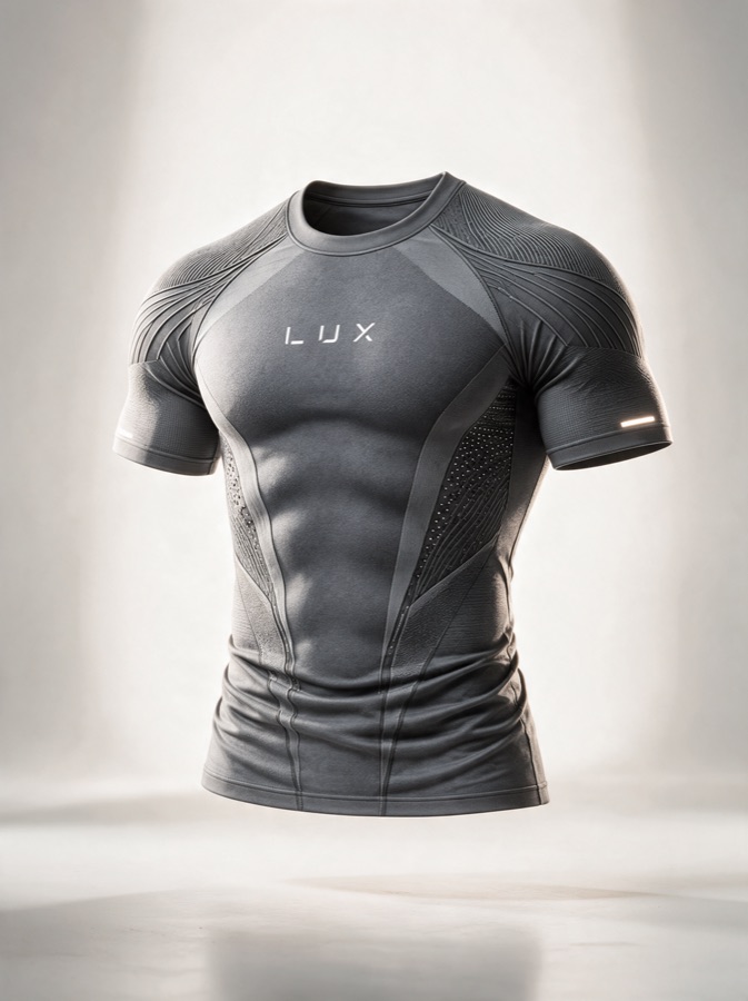 Design visualisation (AI-rendered) of a grey seamless Tee with shoulder ribbing