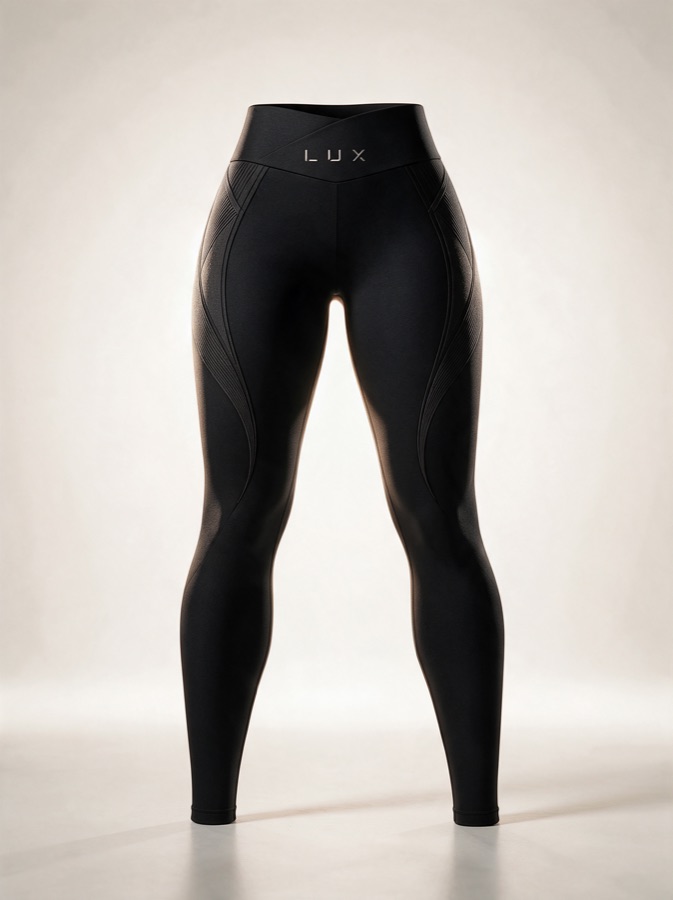 Design visualisation (AI-rendered) of black seamless Sculpt Leggings with a crossover waistband