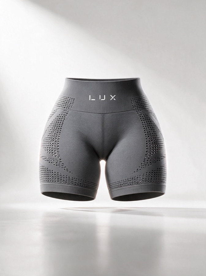 Design visualisation (AI-rendered) of grey seamless Shorts with a tall ribbed waistband