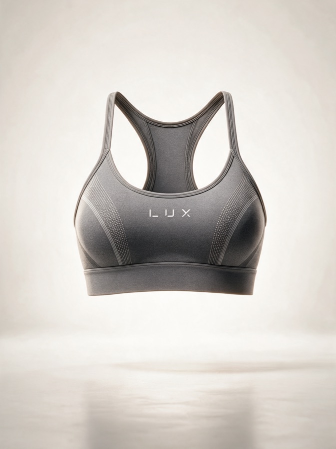Design visualisation (AI-rendered) of a grey seamless Sports Bra with narrow straps