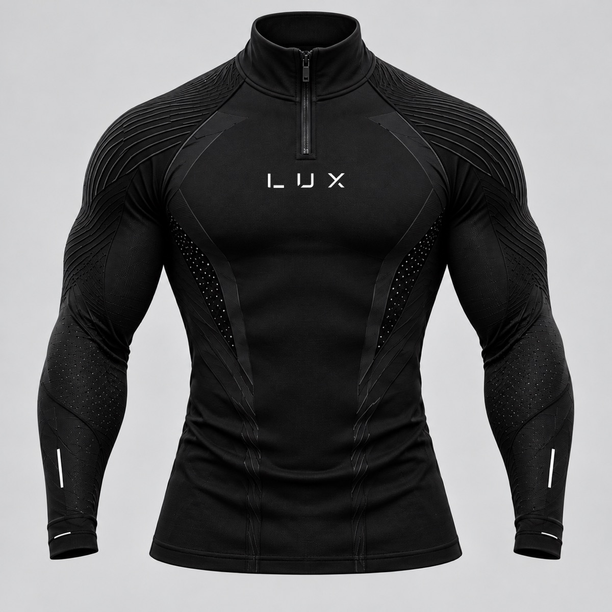 Quarter-Zip in Black, design visualisation: stand collar, short zip, ribbed raglan shoulder, perforated zones through the sides and forearms, reflective bar at each cuff