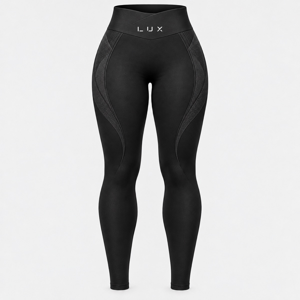 Sculpt Leggings in Black, design visualisation: crossover waistband and crescent micro-rib panels at the hip and thigh