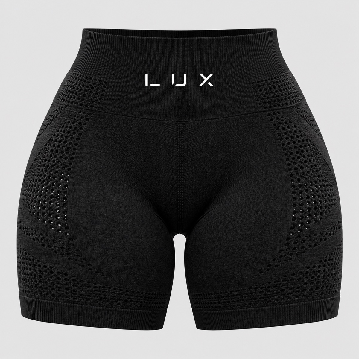 Shorts in Black, design visualisation: high ribbed waistband with the mark and eyelet-mesh zones across the hip and thigh