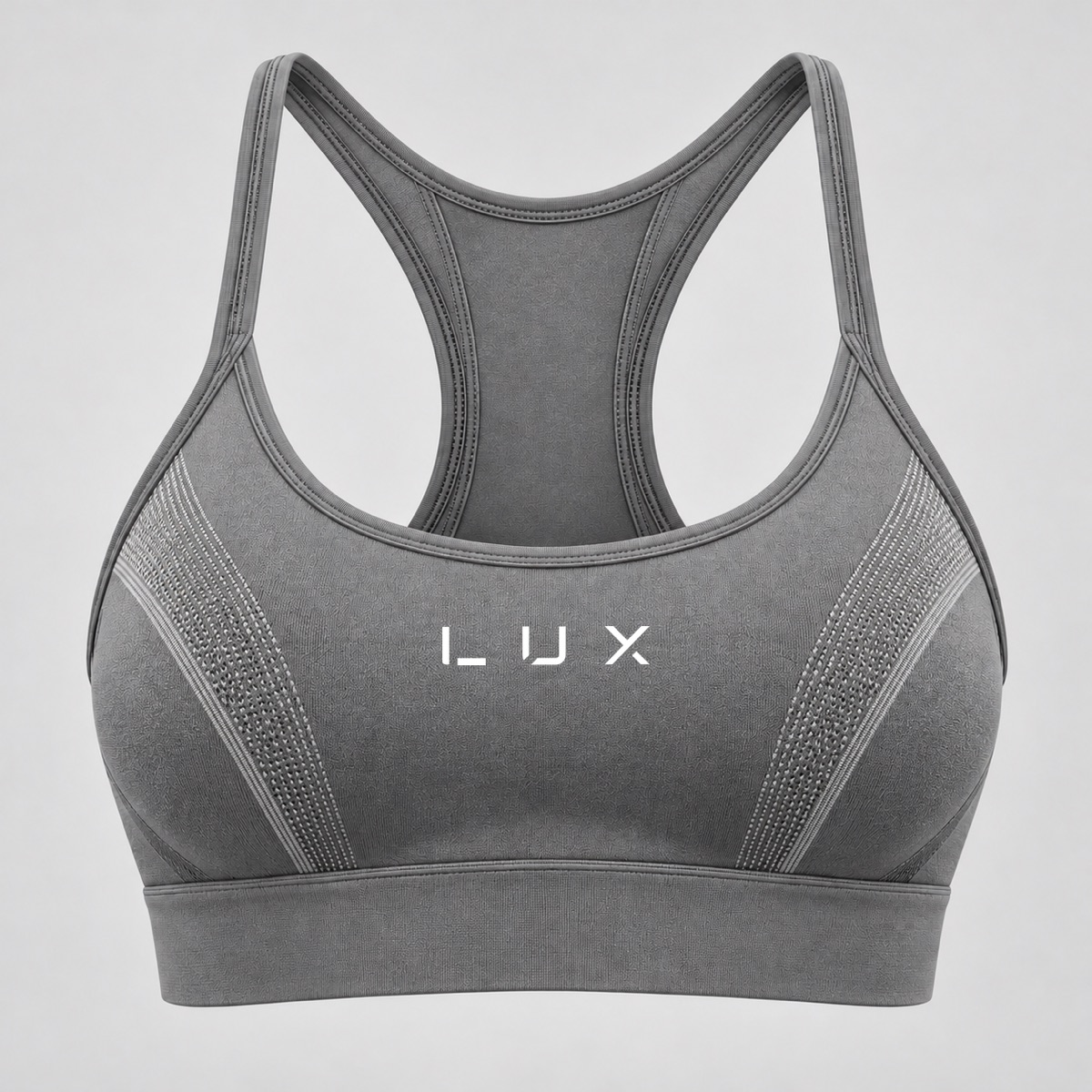 Sports Bra in Grey, design visualisation: racerback, wide underband, perforated side panels, mark at centre chest