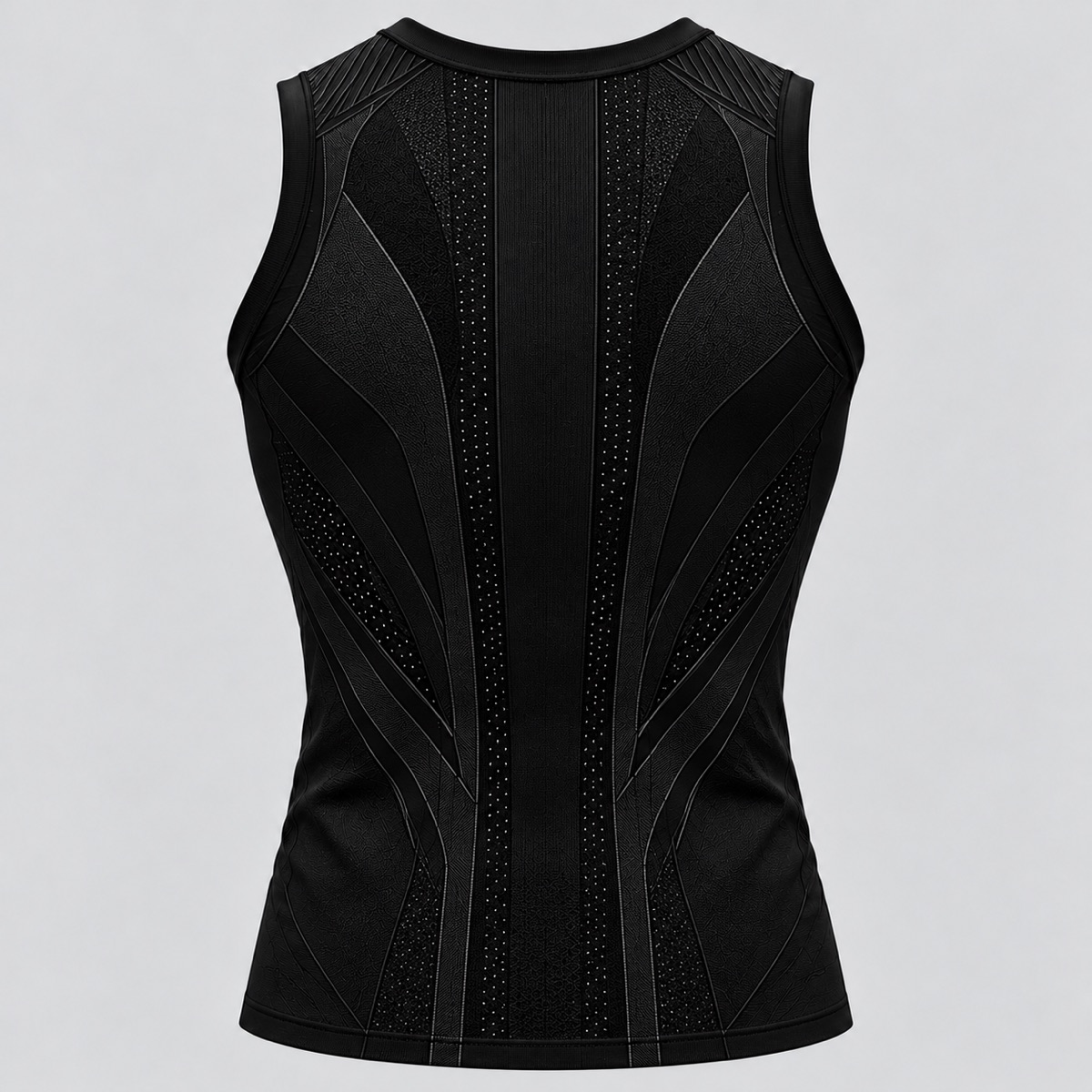 Tank in Black, back view, design visualisation: tonal contour panels and a perforated spine