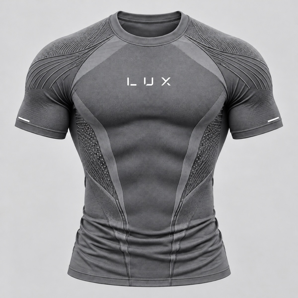 Tee in Grey, design visualisation: crew neck, close fit, ribbed shoulder structure, perforated side panels, reflective bar on the sleeve